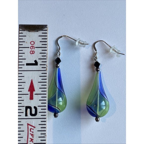 Vintage Murano Style Hand Blown Glass Earrings Blue Yellow Swirl Dangle NEW - Picture 5 of 5
